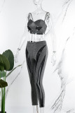 Black Sexy Solid Patchwork See-through Backless Spaghetti Strap Sleeveless Two Pieces