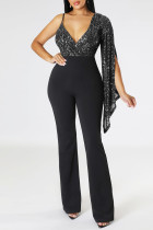 Silver Sexy Solid Sequins Patchwork V Neck Straight Jumpsuits