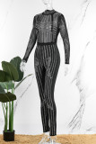 Black Sexy Patchwork Hot Drilling See-through Half A Turtleneck Skinny Jumpsuits