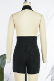 Black Sexy Solid Patchwork Backless Halter Skinny Rompers