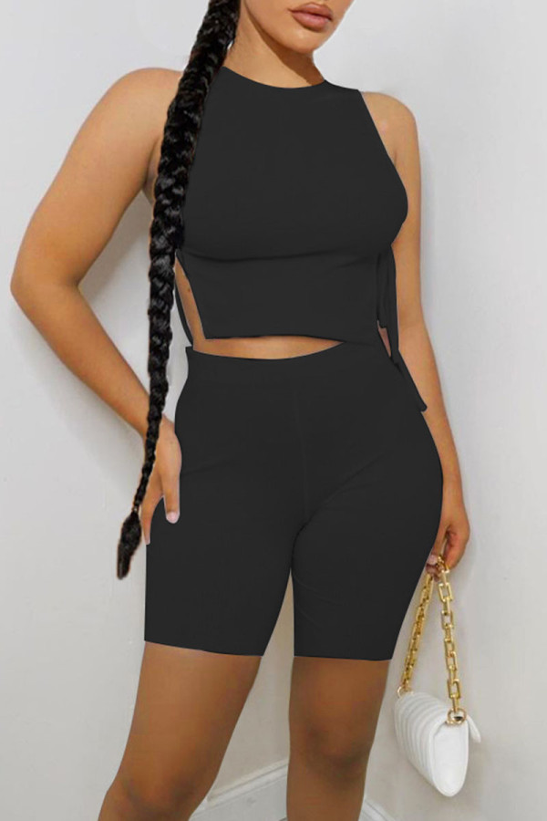 Black Sexy Solid Patchwork Frenulum Slit O Neck Sleeveless Two Pieces