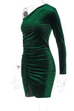 Black Sexy Solid Patchwork Fold Asymmetrical Oblique Collar Pencil Skirt Dresses
