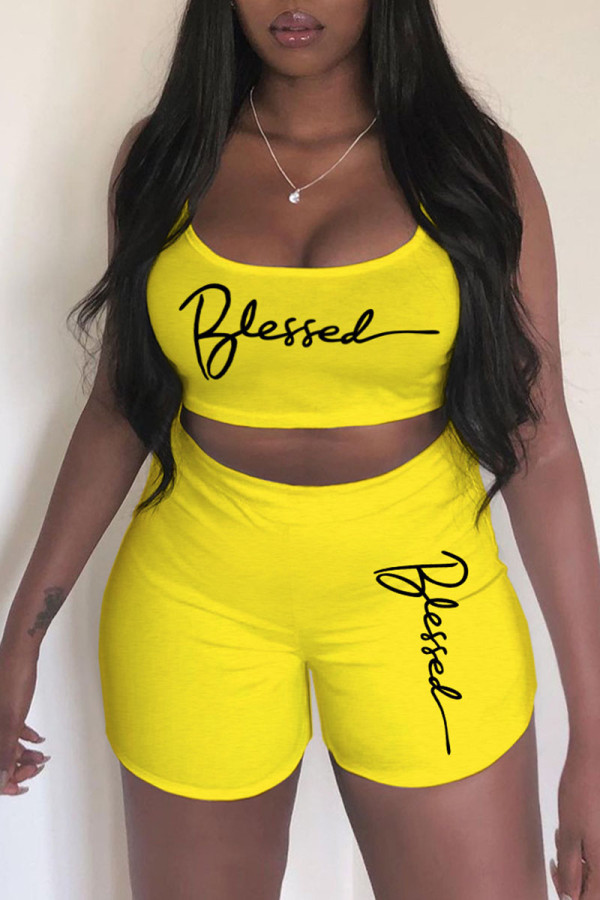 Yellow Casual Sportswear Print Patchwork Spaghetti Strap Sleeveless Two Pieces