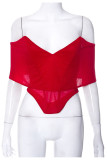 Red Sexy Solid Patchwork Asymmetrical Off the Shoulder T-Shirts