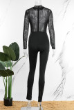 Black Sexy Patchwork Hot Drilling See-through Half A Turtleneck Skinny Jumpsuits