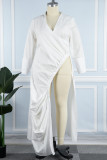White Sexy Solid Slit Fold V Neck Long Sleeve Plus Size Dresses