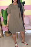 Brown Fashion Casual Solid Basic O Neck Short Sleeve Dress