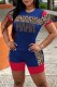Blue Sexy Street Print Patchwork Letter O Neck Short Sleeve Two Pieces