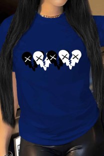 Blue Casual Print Patchwork O Neck T-Shirts