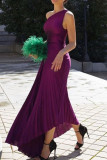 Purple Elegant Solid Patchwork Fold Asymmetrical Oblique Collar Evening Dress Dresses