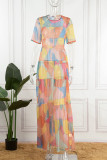 Purple Casual Print Patchwork O Neck Straight Dresses