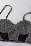 Black Sexy Solid Patchwork See-through Backless Spaghetti Strap Sleeveless Two Pieces