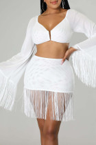 White Sexy Solid Tassel Patchwork V Neck Long Sleeve Two Pieces