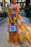 Purple Casual Print Patchwork O Neck Straight Dresses