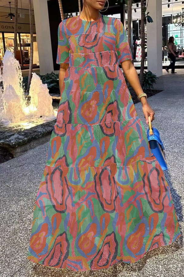 Purple Casual Print Patchwork O Neck Straight Dresses