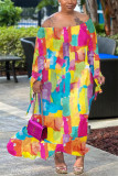 Multi-color Casual Print Backless Off the Shoulder Long Sleeve Dresses