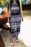 Black Sexy Print Patchwork See-through O Neck Sleeveless Two Pieces
