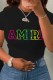 Black Casual Print Letter O Neck T-Shirts
