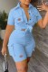 Sky Blue Casual Print Patchwork Turndown Collar Short Sleeve Two Pieces