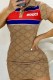 Camel Sexy Print Patchwork Letter Turndown Collar One Step Skirt Dresses