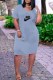 Light Blue Casual Print Letter V Neck Straight Dresses