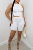 White Sexy Solid Patchwork Frenulum Slit O Neck Sleeveless Two Pieces