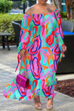 Multi-color Casual Print Backless Off the Shoulder Long Sleeve Dresses