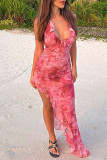 Red Sexy Print Patchwork Stringy Selvedge Halter One Step Skirt Dresses