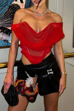 Red Sexy Solid Patchwork Asymmetrical Off the Shoulder T-Shirts