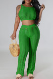 Green Sexy Solid Hollowed Out Patchwork O Neck Sleeveless Two Pieces
