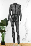 Black Sexy Patchwork Hot Drilling See-through Half A Turtleneck Skinny Jumpsuits