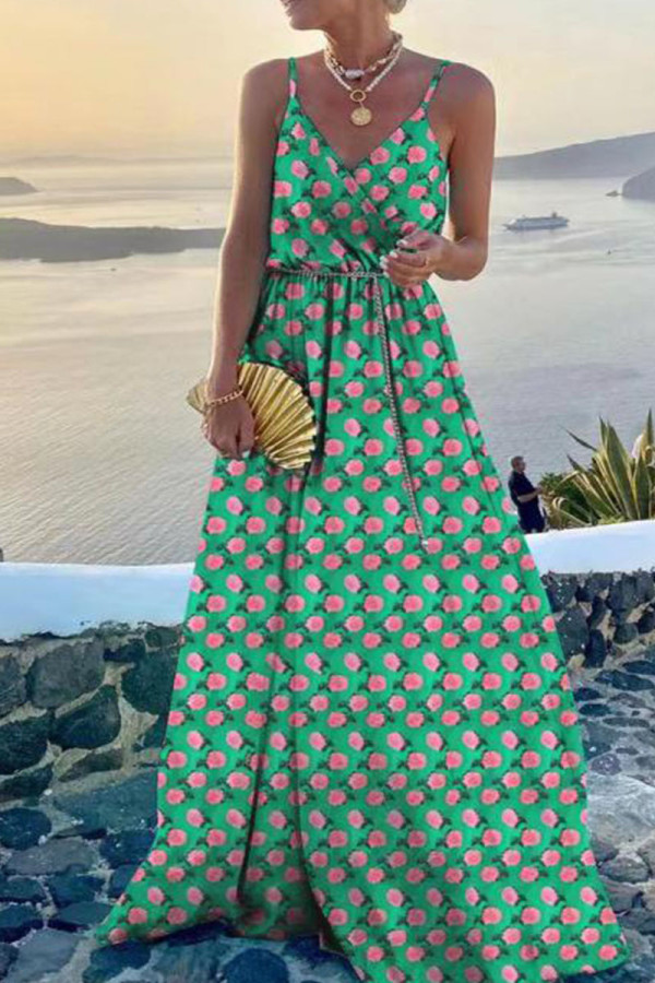 Green Sexy Print Patchwork Spaghetti Strap Sling Dress Dresses