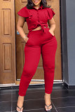 Red Casual Solid Bandage Patchwork Buckle Flounce Turndown Collar Short Sleeve Two Pieces