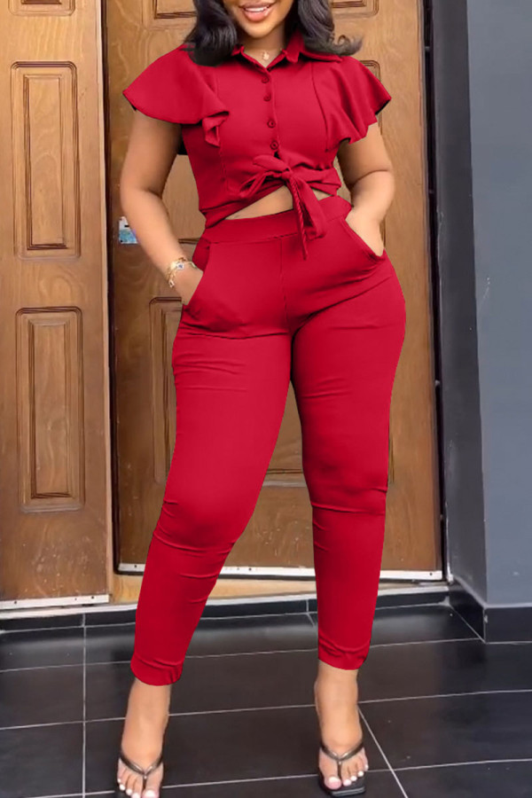 Red Casual Solid Bandage Patchwork Buckle Flounce Turndown Collar Short Sleeve Two Pieces