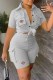 Grey Casual Print Patchwork Turndown Collar Short Sleeve Two Pieces