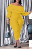 Yellow Casual Solid Patchwork Flounce Off the Shoulder Plus Size Jumpsuits