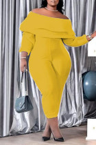 Yellow Casual Solid Patchwork Flounce Off the Shoulder Plus Size Jumpsuits