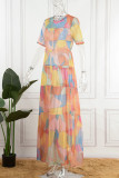 Purple Casual Print Patchwork O Neck Straight Dresses