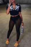 Black Sexy Print Tassel V Neck T-Shirts
