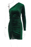 Black Sexy Solid Patchwork Fold Asymmetrical Oblique Collar Pencil Skirt Dresses