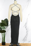 Black Sexy Solid Patchwork Backless Spaghetti Strap Long Dress Dresses