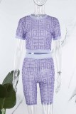 Purple Sexy Street Geometric Patchwork O Neck Short Sleeve Two Pieces