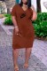 Coffee Casual Print Letter V Neck Straight Dresses