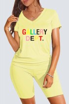 Yellow Casual Print Letter V Neck Short Sleeve Two Pieces
