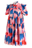 Tangerine Red Fashion Casual Print Patchwork Buckle Turndown Collar A Line Dresses