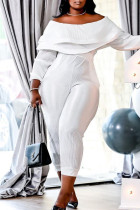 White Casual Solid Patchwork Flounce Off the Shoulder Plus Size Jumpsuits