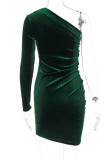 Black Sexy Solid Patchwork Fold Asymmetrical Oblique Collar Pencil Skirt Dresses