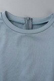 Gray Blue Casual Solid Patchwork O Neck Short Sleeve Two Pieces
