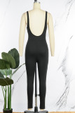 Black Casual Sportswear Letter Patchwork Print Backless U Neck Skinny Jumpsuits