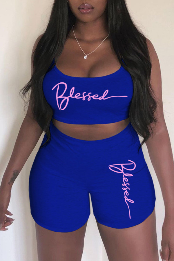 Royal Blue Casual Sportswear Print Patchwork Spaghetti Strap Sleeveless Two Pieces